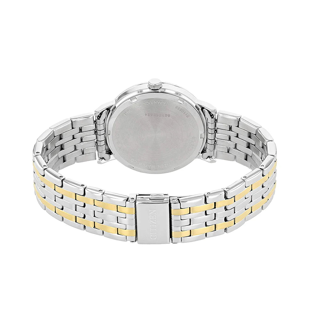 Two-tone silver and gold watch on a white background