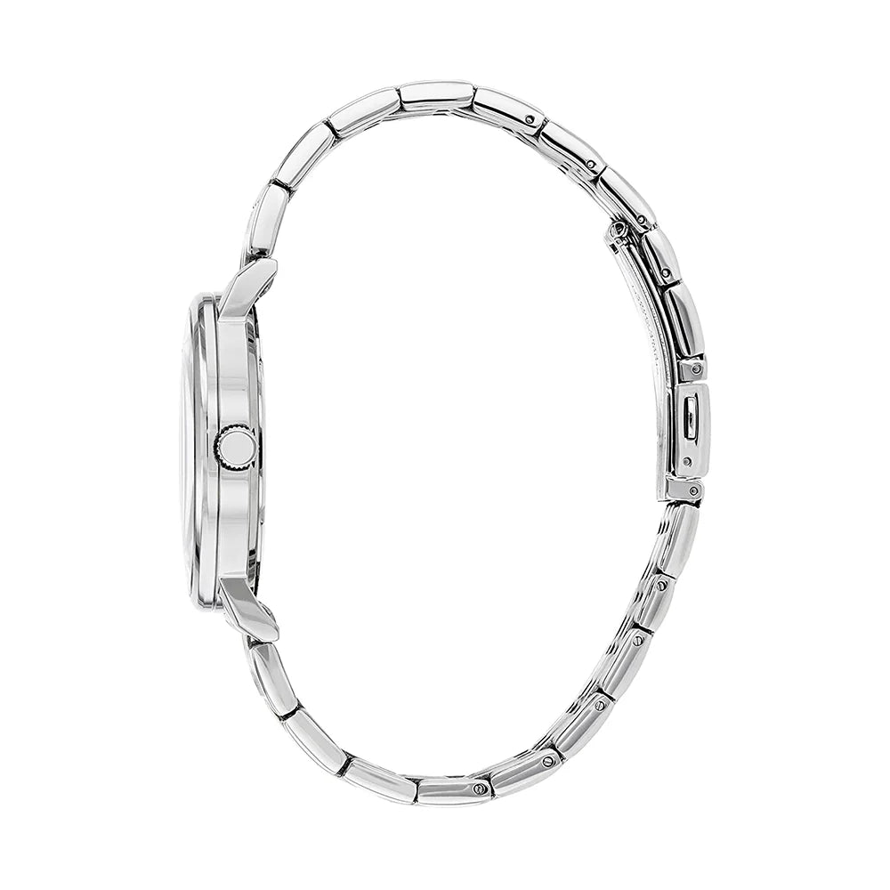 Silver watch band on a white background