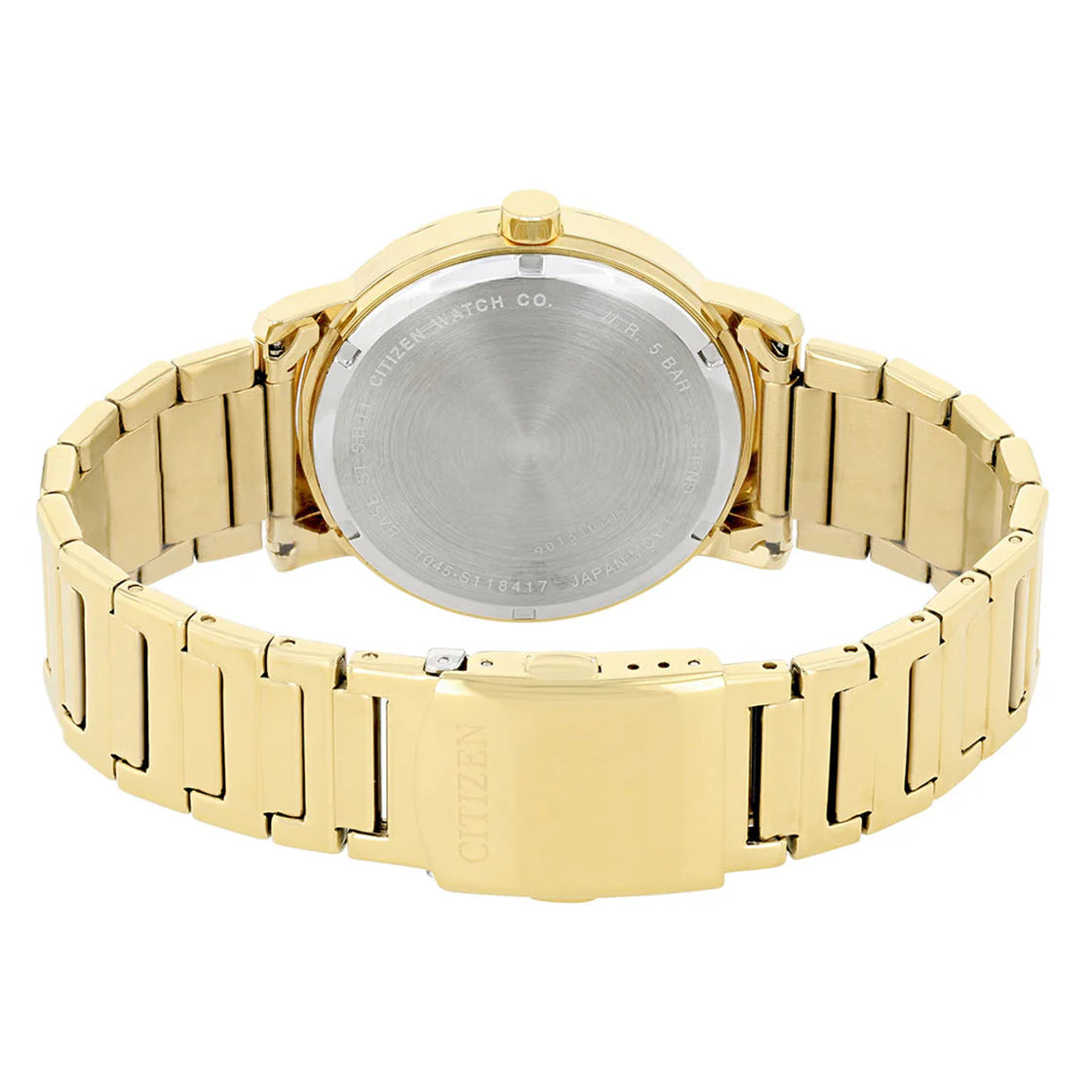 Gold watch with metal band on a white background