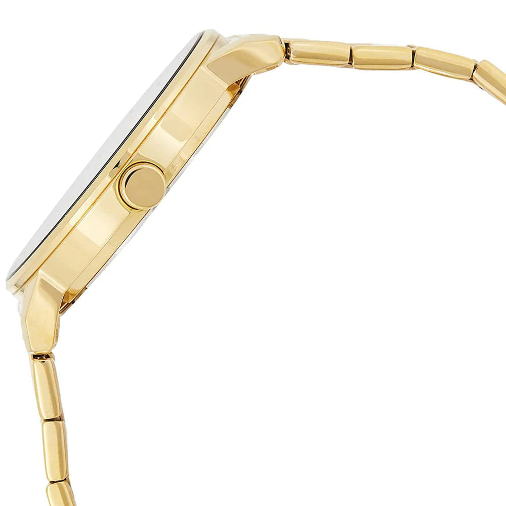Gold watch with a white face on a white background