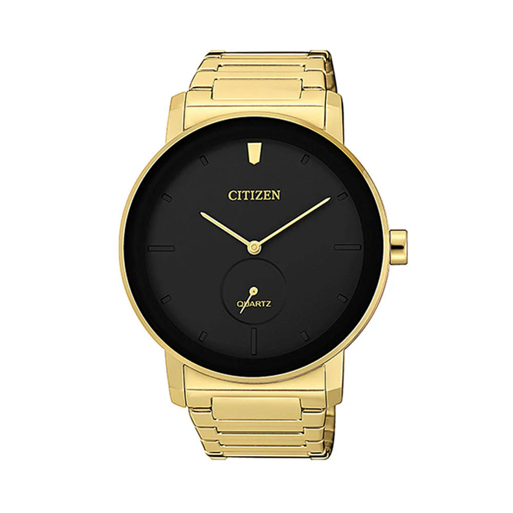 Gold watch with black face on a white background