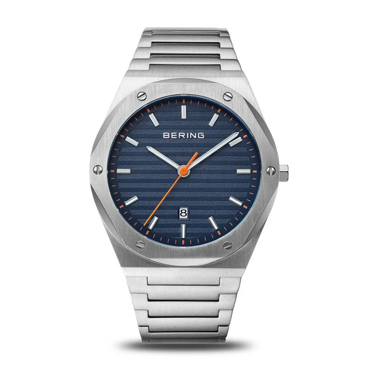 Silver watch with blue dial and orange second hand on a white background