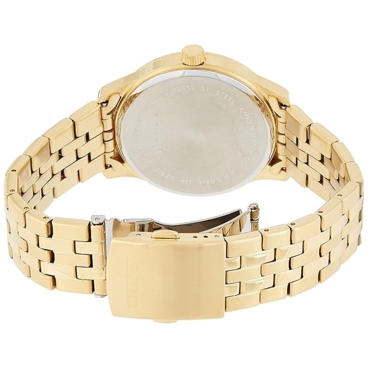 Gold watch with a metal bracelet on a white background