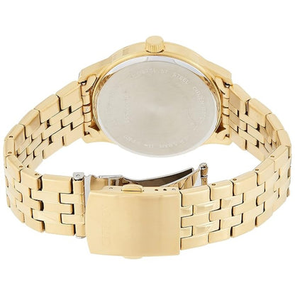 Gold watch with a metal bracelet on a white background