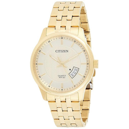 Gold wristwatch with a visible Citizen brand on a white background