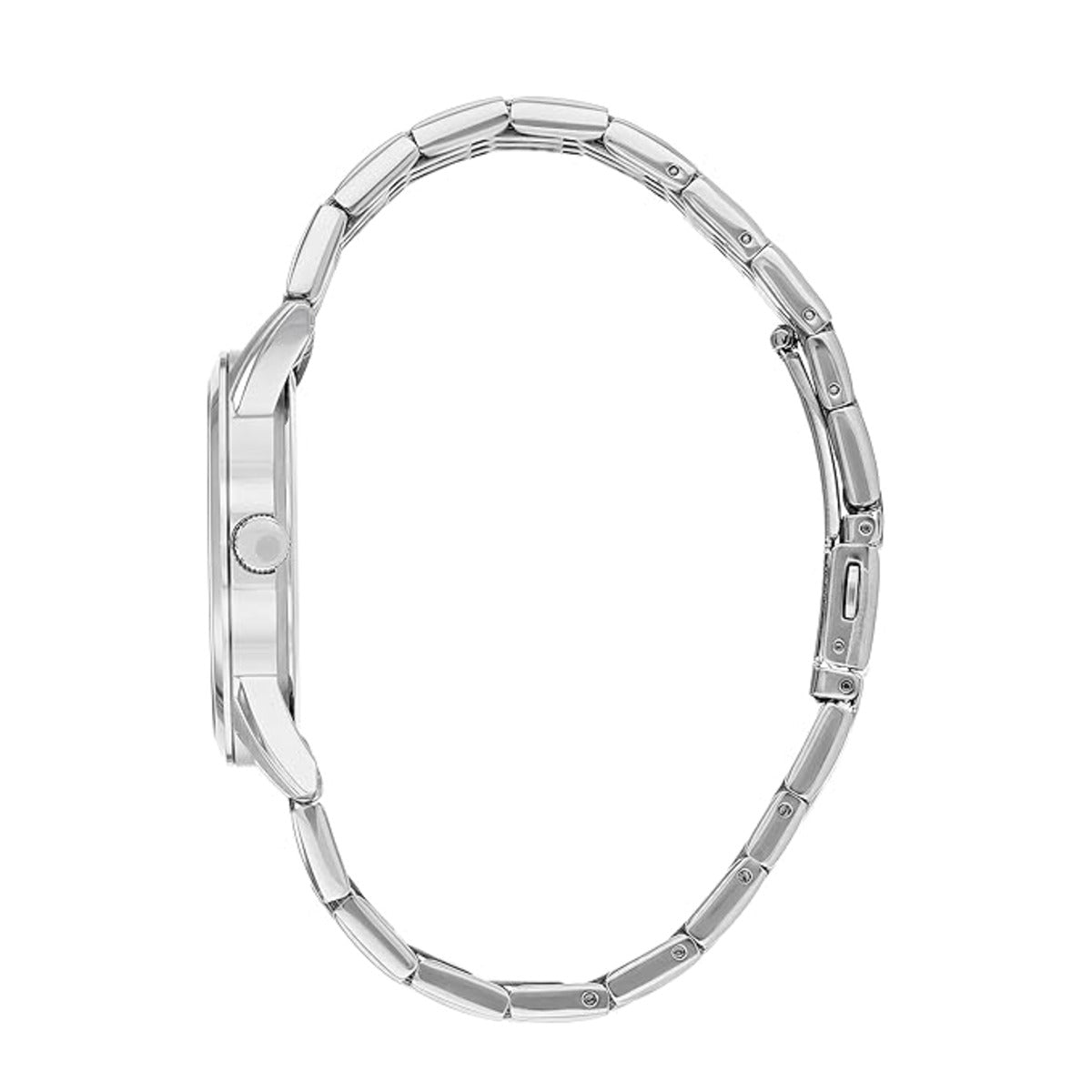 Silver watch band on a white background