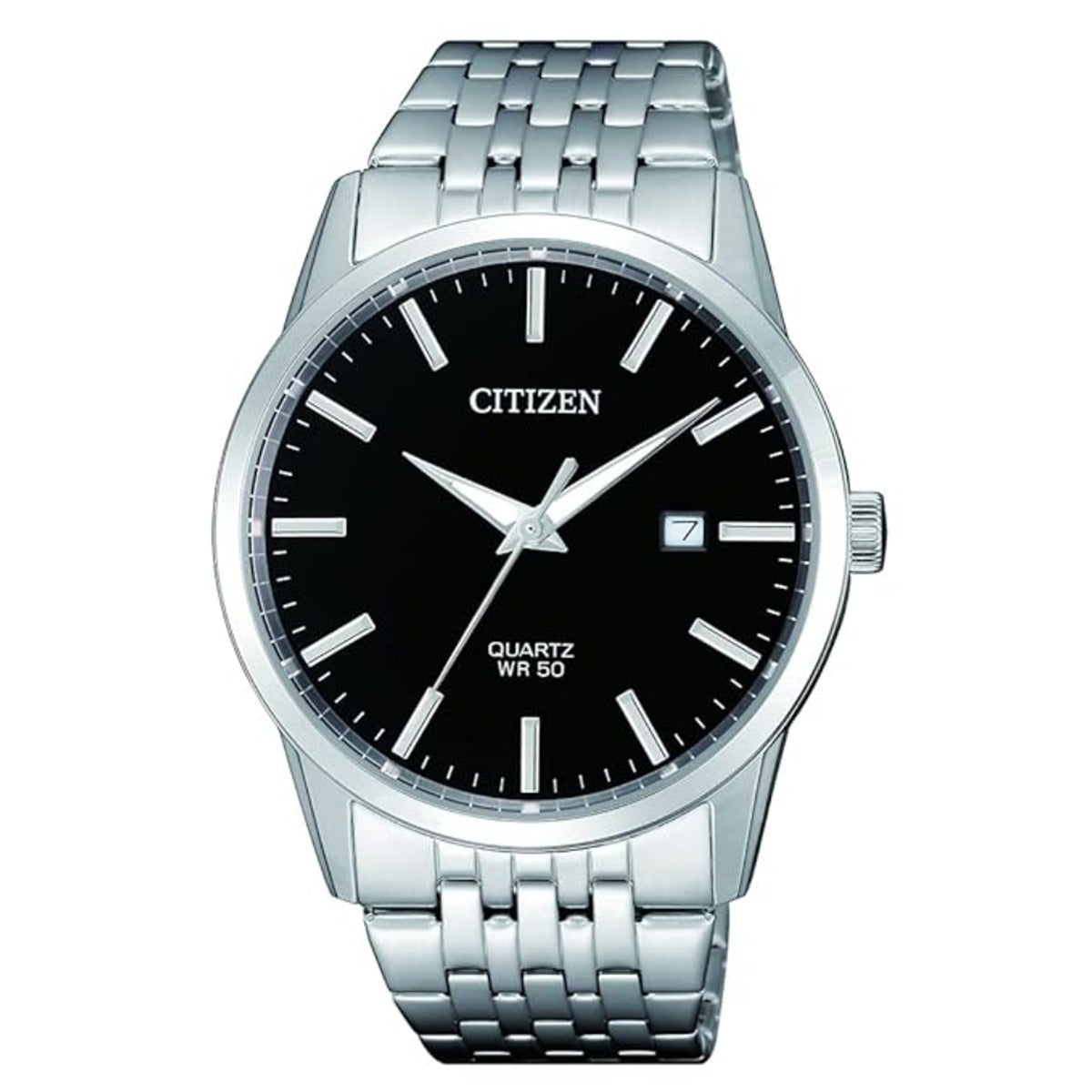 Citizen watch with black face and silver metal strap on a white background
