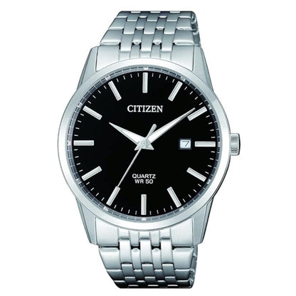 Citizen watch with black face and silver metal strap on a white background