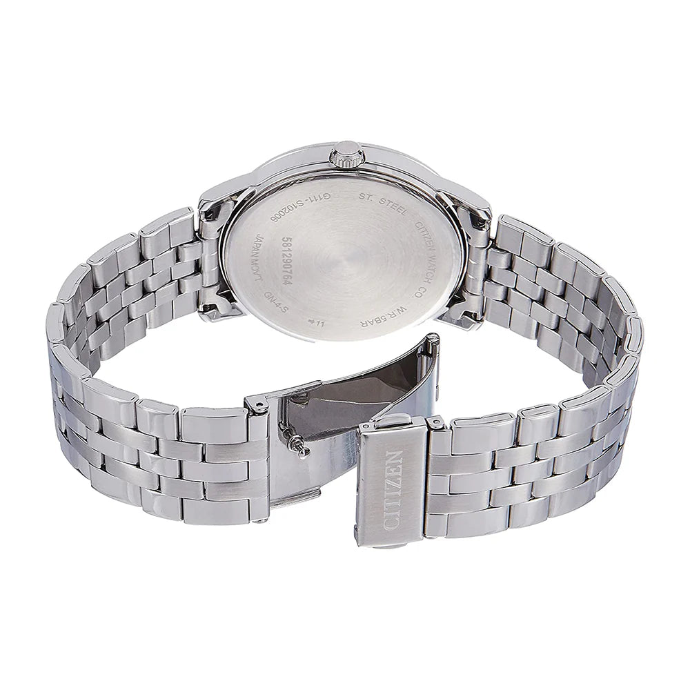 Silver watch with metal band on a white background