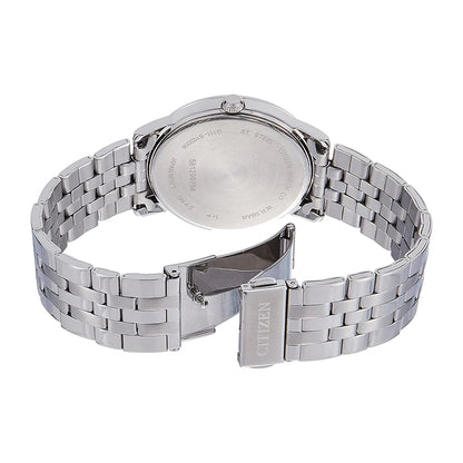 Silver watch with metal band on a white background