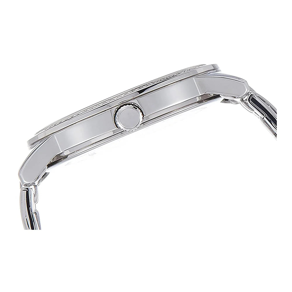 Close-up of a silver watch band on a white background