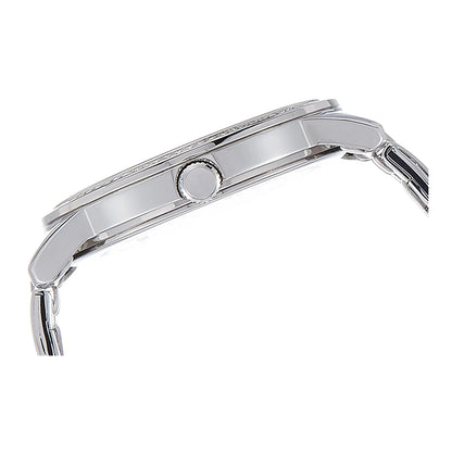 Close-up of a silver watch band on a white background