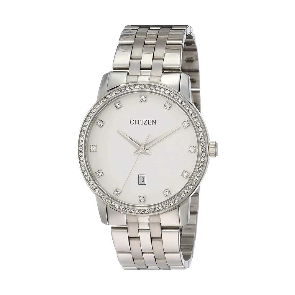 Silver Citizen watch with a white face on a white background