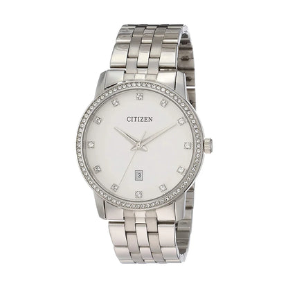 Silver Citizen watch with a white face on a white background