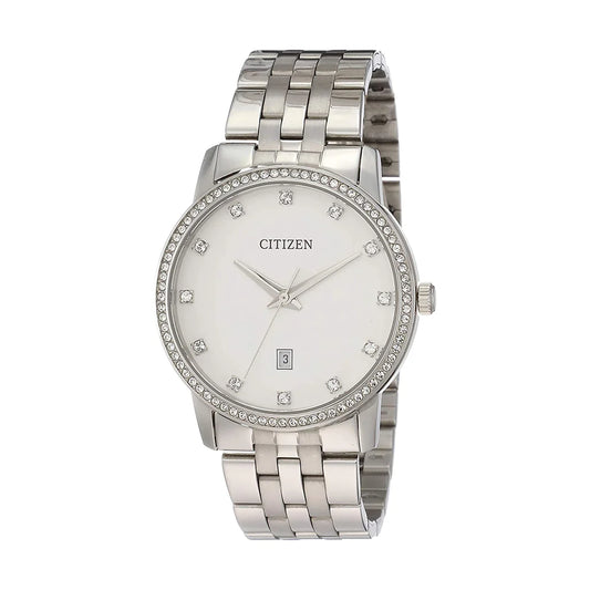 Silver Citizen watch with a white face on a white background