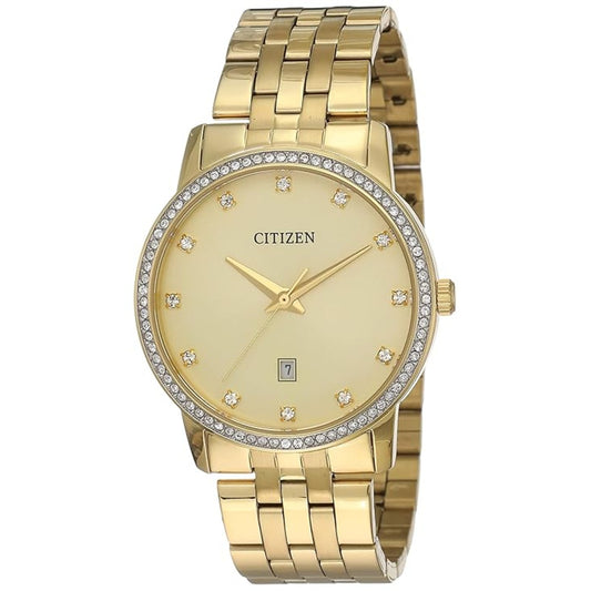 Gold Citizen watch with diamond-studded bezel on a white background