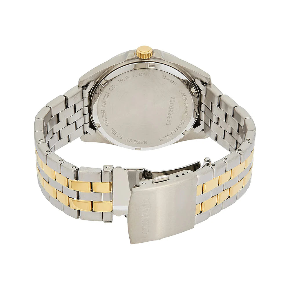 Two-tone watch with silver and gold band on a white background