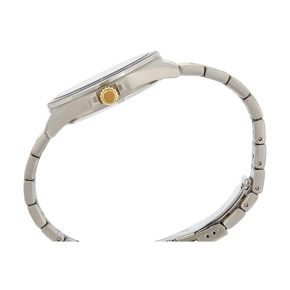 Close-up of a silver watch band with a gold buckle on a white background