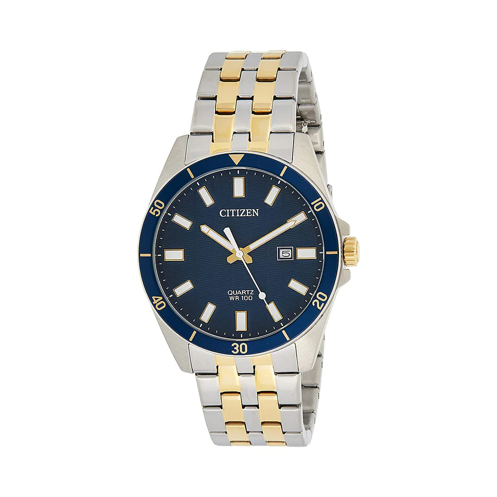 Two-tone Citizen watch with blue dial on a white background