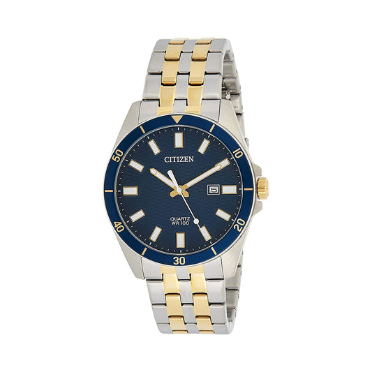 Two-tone Citizen watch with blue dial on a white background