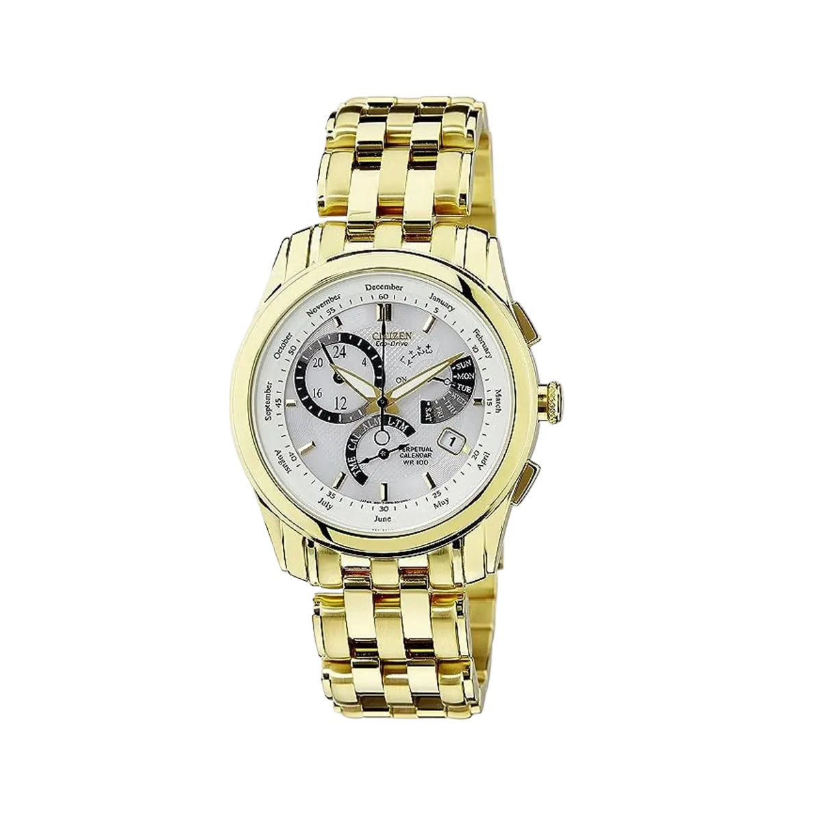 Gold wristwatch with a detailed face on a white background