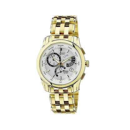 Gold wristwatch with a detailed face on a white background
