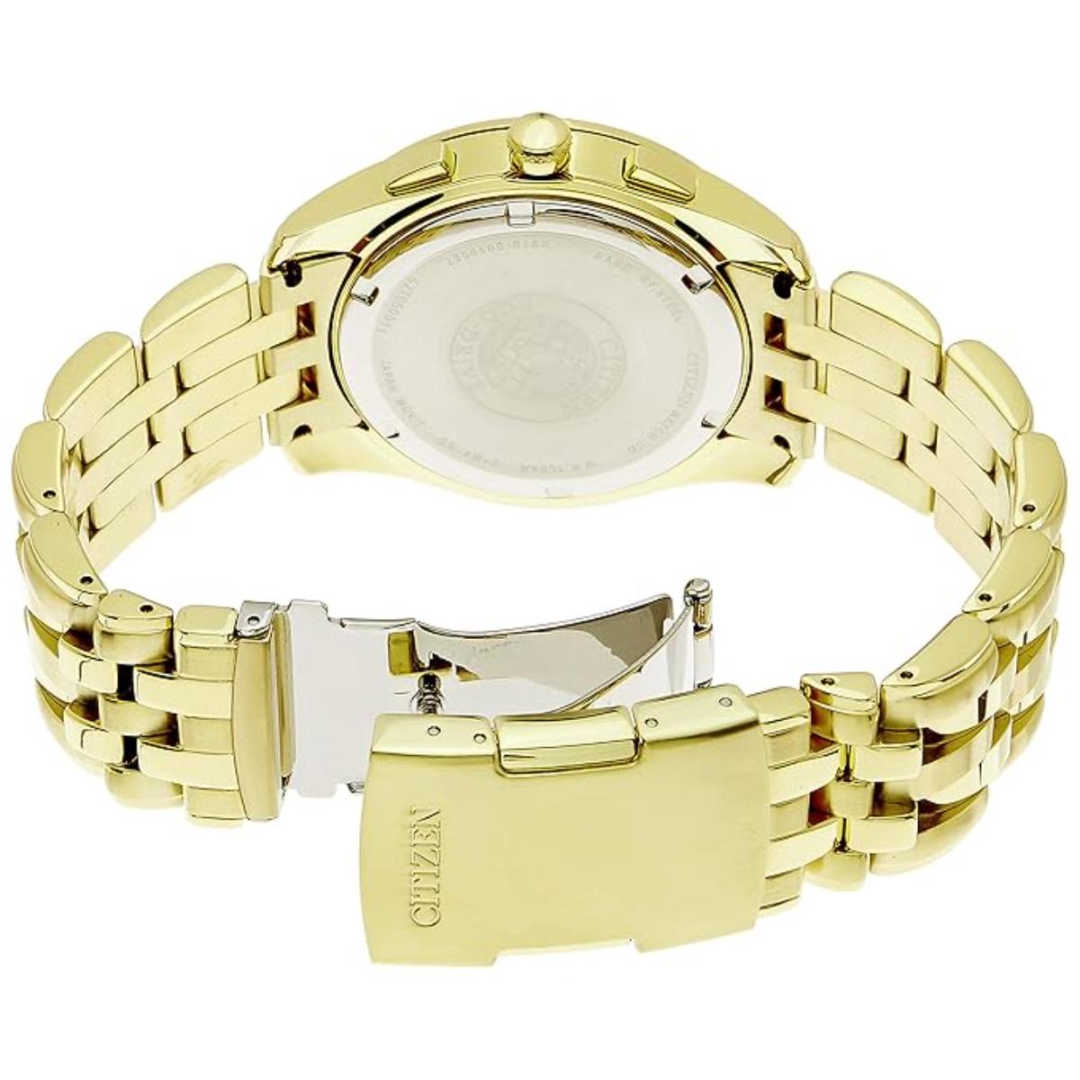 Gold watch with a visible brand logo on a white background