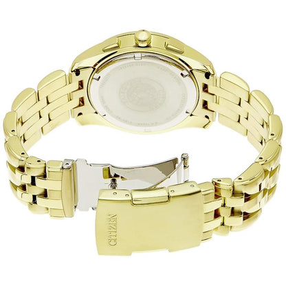 Gold watch with a visible brand logo on a white background