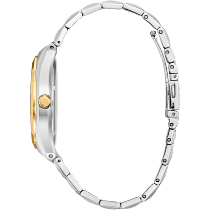 Two-tone watch with silver and gold band on a white background