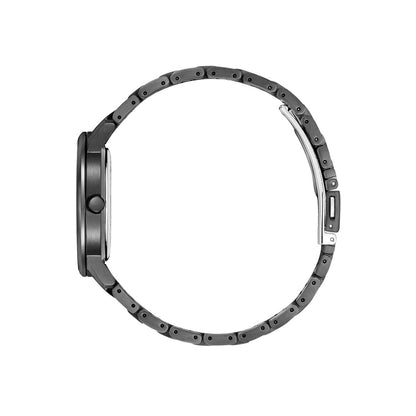 Black metal watch band on a white background