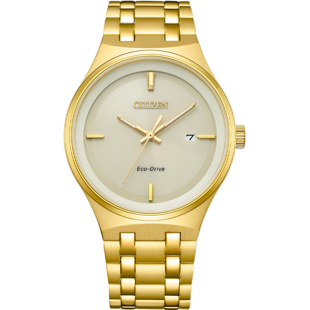 Gold Citizen watch with a white face on a white background