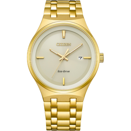 Gold Citizen watch with a white face on a white background