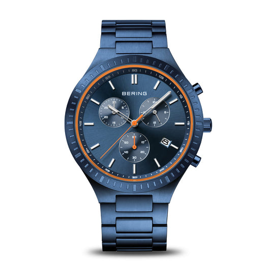 Blue watch with orange accents on a white background