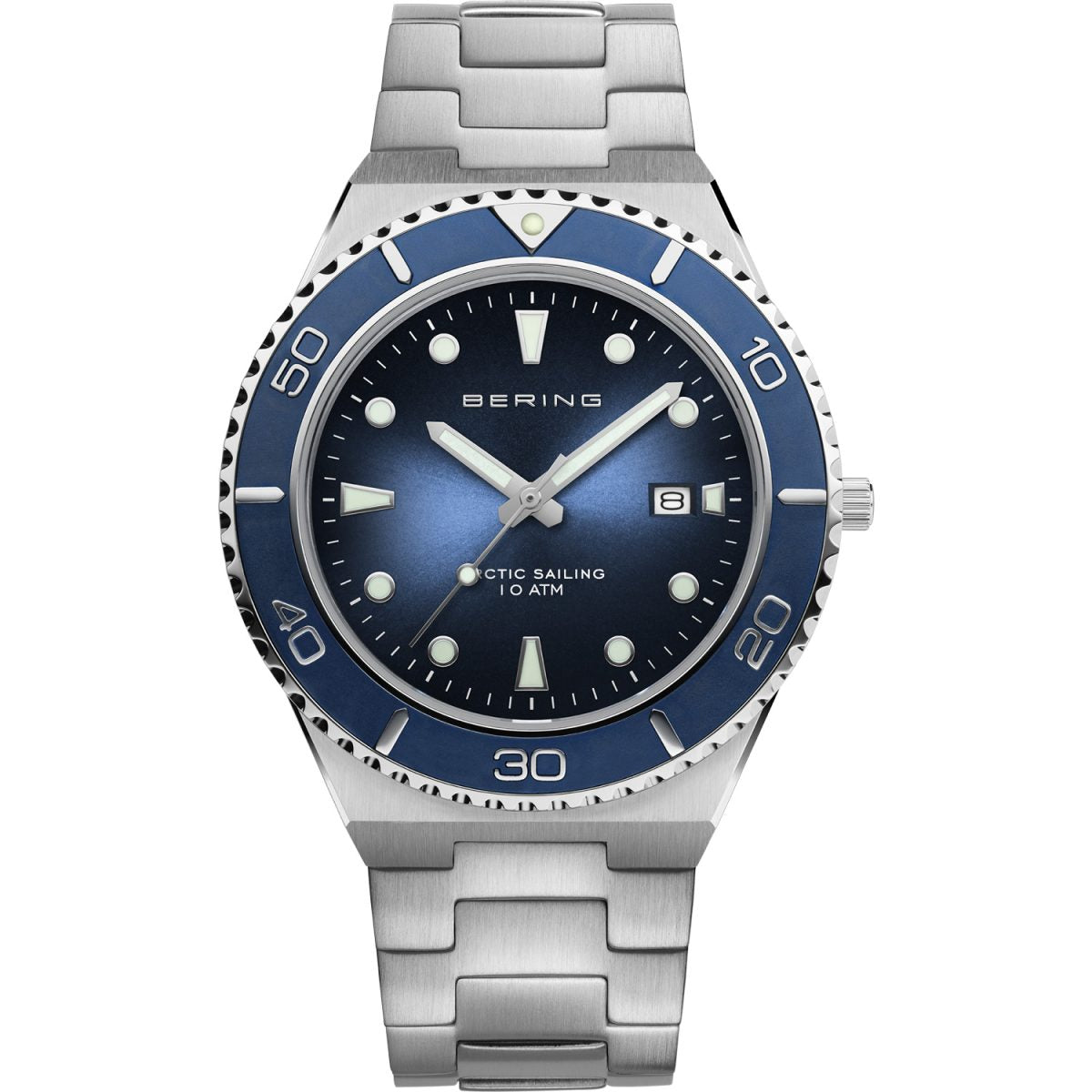 Silver watch with blue dial on a white background