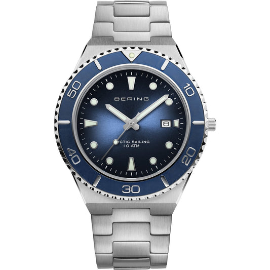 Silver watch with blue dial on a white background