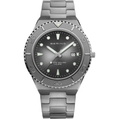 Silver watch with black dial on a white background