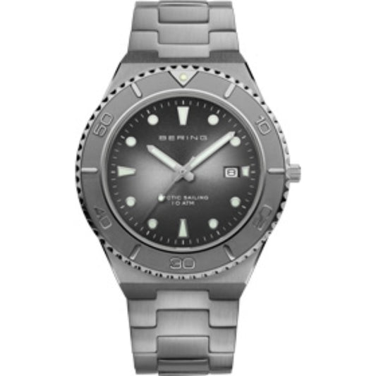 Silver watch with black dial on a white background