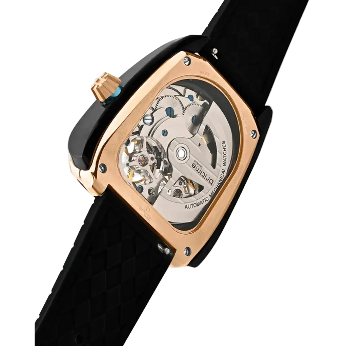 Luxury watch with black strap and rose gold case on a light gray background