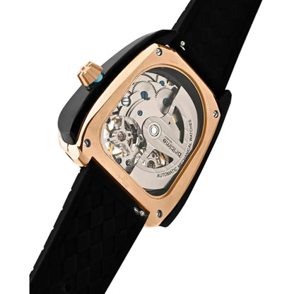 Luxury watch with black strap and rose gold case on a light gray background