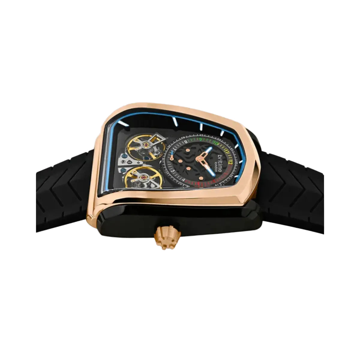 Luxury watch with black strap and rose gold case on a white background