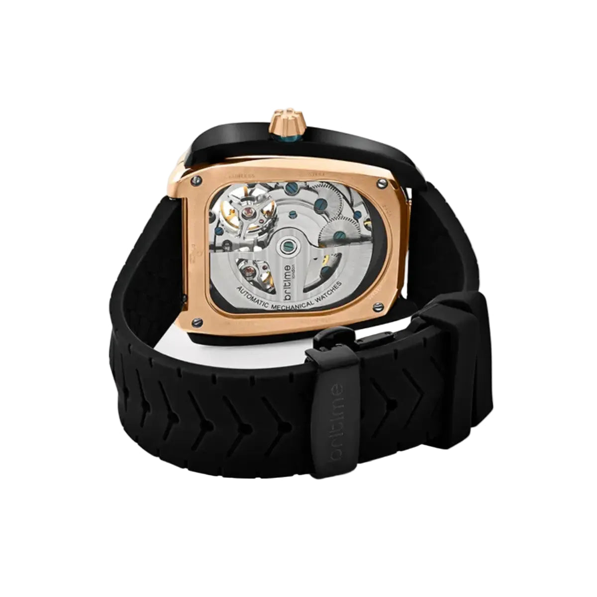 Watch with black strap and gold case on a light gray background