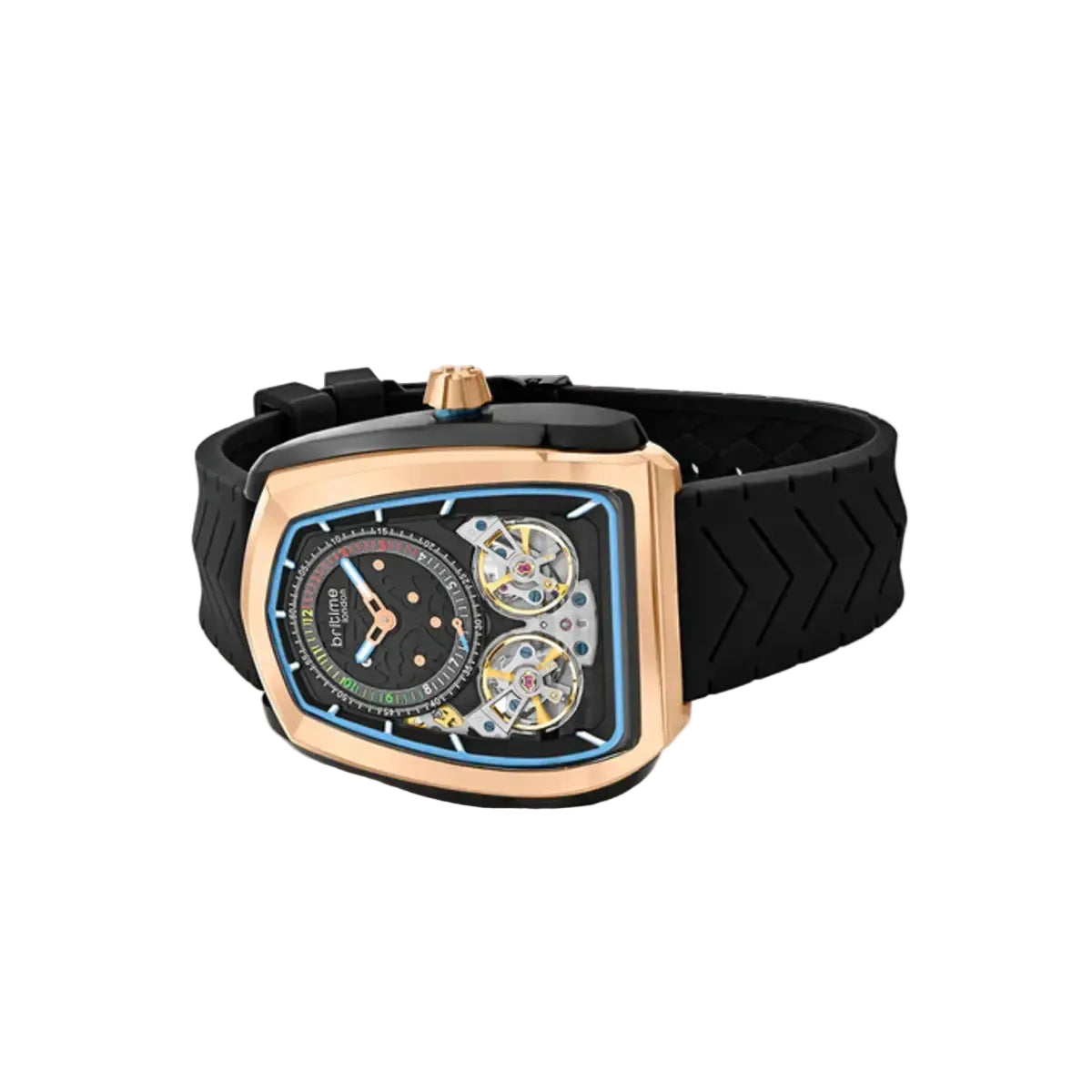 Luxury watch with black strap and rose gold case on a white background