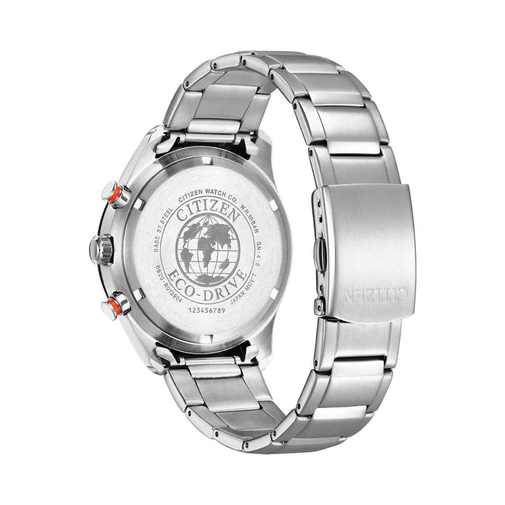 Silver Citizen watch with metal band on a white background