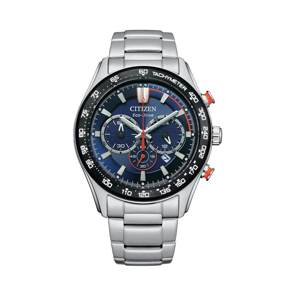Silver Citizen watch with a blue face on a white background