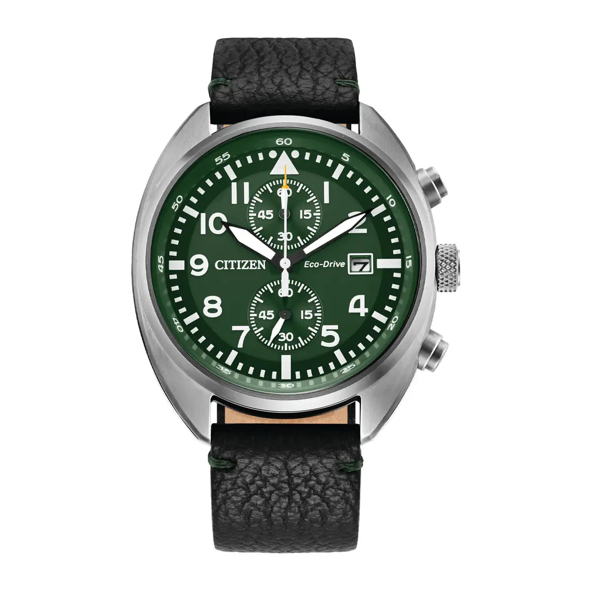 Citizen watch with green dial and black leather strap on a white background