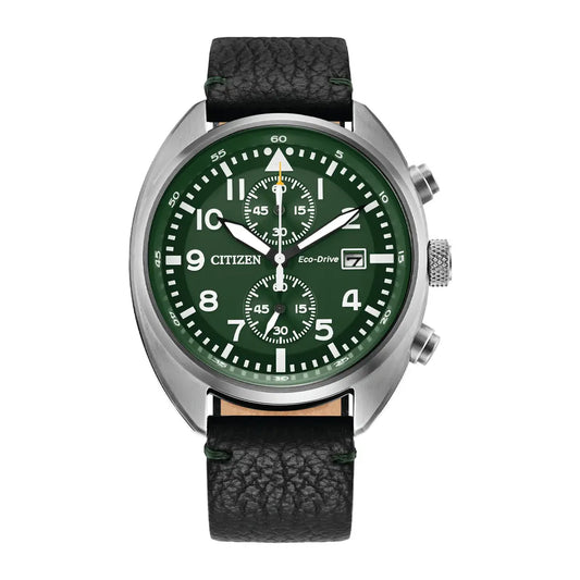 Citizen watch with green dial and black leather strap on a white background