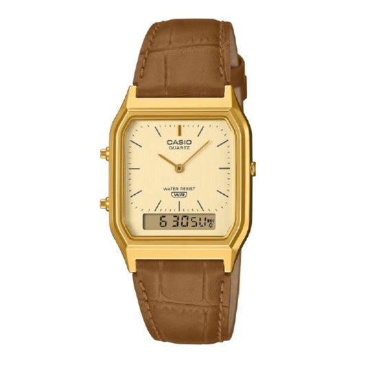 Casio watch with gold case and brown leather strap on a white background