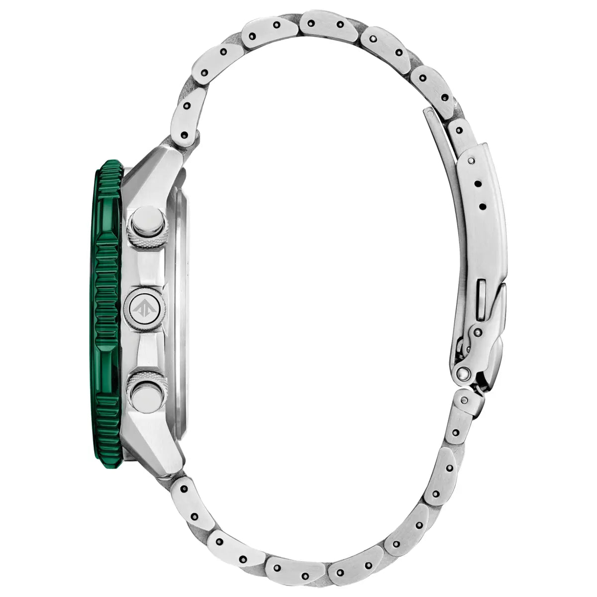 A silver stainless steel smartwatch with a green textured bezel and matching silver link band, shown from a side profile view on a white background.