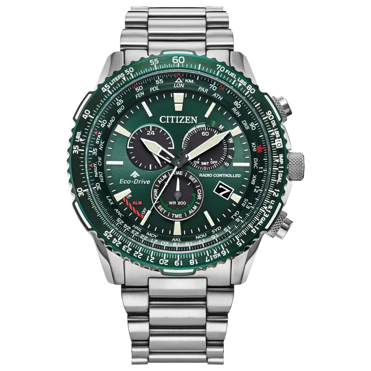 Citizen watch with green dial and silver metal strap on a white background