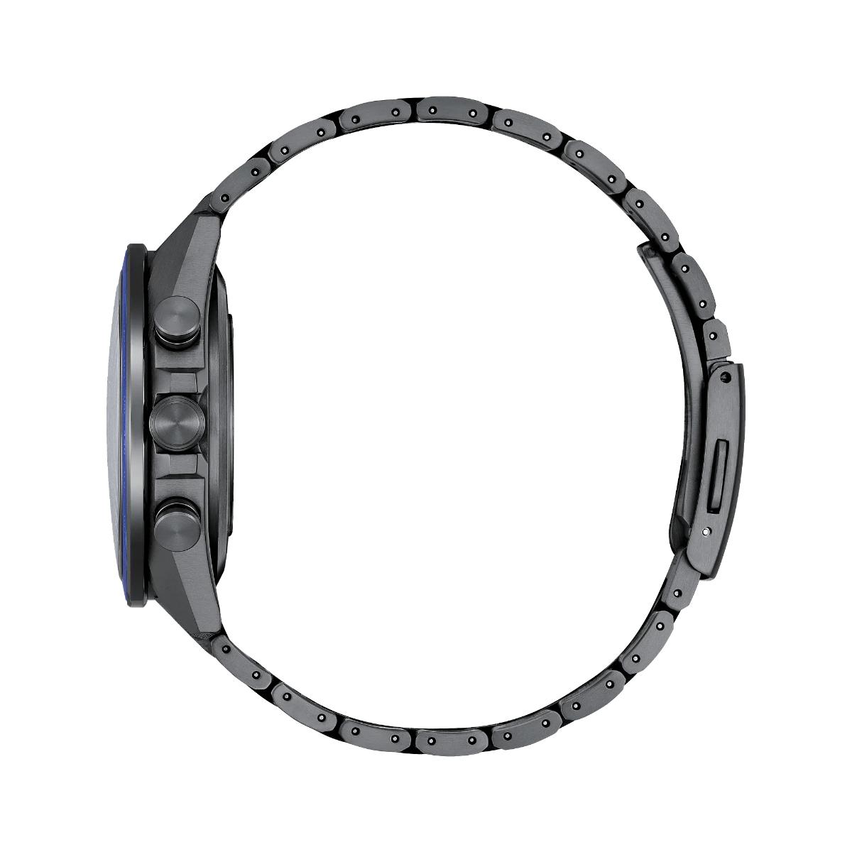 Close-up of a smartwatch with a metallic band on a white background